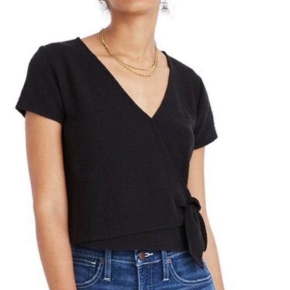 Madewell Black Texture and Thread Wrap Tie Top sz S